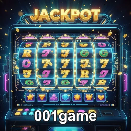 Imagem de uma máquina caça-níqueis do 001game, site de jogos e slots online, com símbolos coloridos e prêmios em destaqu